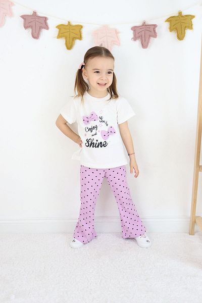 Çocuksan Baby&Kids Wear Girl's Lilac Polka Dot Flared Leg Trousers and T-Shirt Set – Comfortable Casual Combination