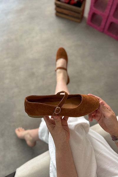 SHOEBELLAS Aosa Tan Genuine Leather Women's Ballerinas with Single Piping Detail