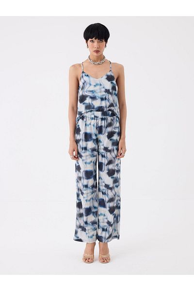 RİVUS Pantaloni largi cu model floral cu talie elastică - model albastru