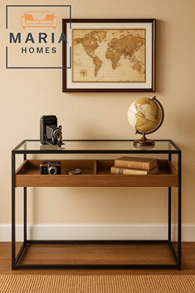 MARIA HOMES Glass Top Display Console Table with Wood Tray – 120x80x85cm Industrial Modern Storage Table