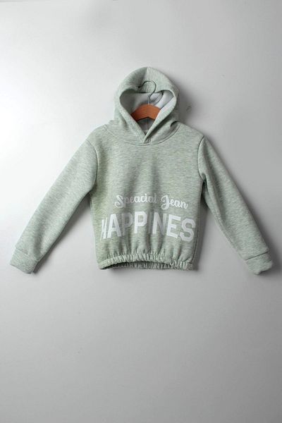 Çocuksan Baby&Kids Wear Дебел суитшърт с качулка, ментово зелен, с щампа „Щастие“, за момиче 5-10 години