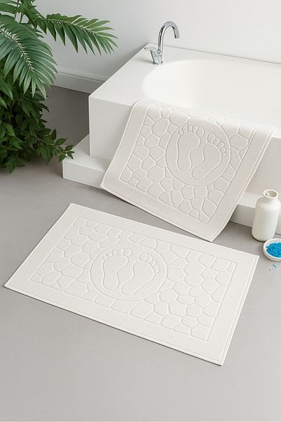 keyfisepet en keyifli sepet 100% Cotton White Non-Slip Based Water Absorbent Footprint Patterned Bath Mat 1 Piece