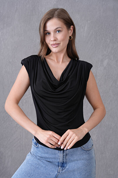 bayansepeti Жіноча блуза з декольте, рукавами без рукавів, чорна 8113