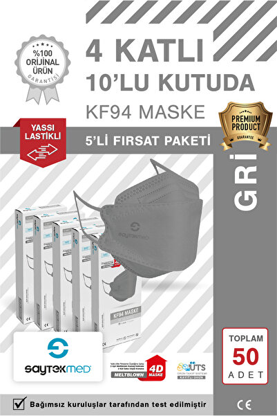 SAYTEKMED KF94 Kore Tipi, 4 katlı, GRİ Maske, Tekli Paket, UV Steril (5 Kutu/ 50 Adet)
