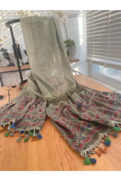 Bohemian Women's Imported Organic Cotton Embroidered Tassel Lace Detailed Voile Shawl 1608085