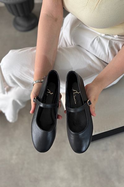 SHOEBELLAS Aosa Black Genuine Leather Women's Ballerinas with Single Piping Detail