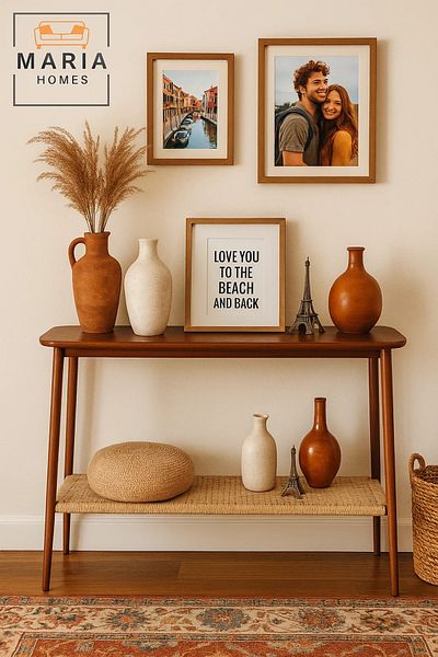 MARIA HOMES Wooden Console Table with Woven Shelf 120x40x75cm – Mid-Century Entryway Storage Accent Table