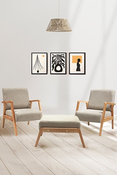 Zem Pavia Çay Seti Natürel Ahşap, Sütlü Kahve (2ADET TEKLİ BERJER 1ADET PUF)