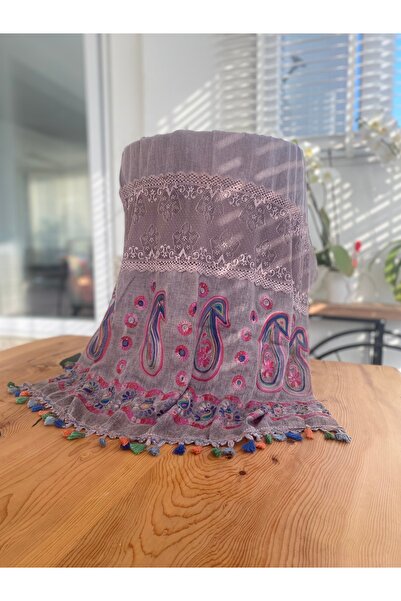 Bohemian Kadın İthal Organik Pamuk İşlemeli Püsküllü Dantel Detaylı Vual Şal 1608083