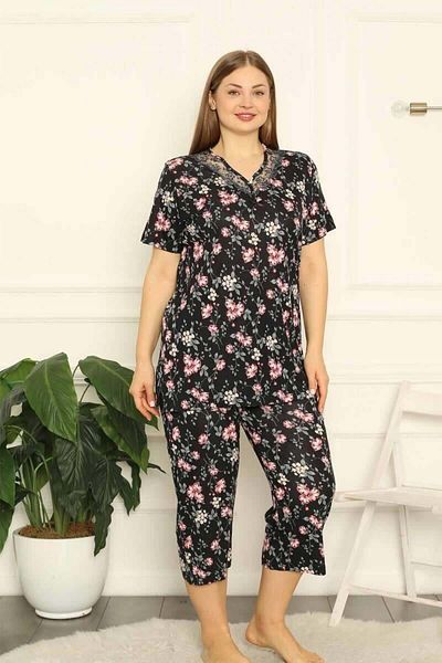 ALİMER Ανοιξιάτικο Κλαδί Μαύρο Σετ Πιτζάμες Oversize Bermuda 2708bb