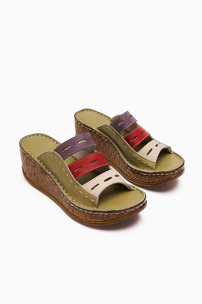 Limoya Etta Green Purple Red Γνήσιο Δερμάτινο Πλήρες Ορθοπεδικό Παντόφλες με λέιζερ