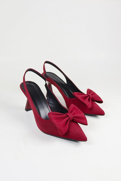 NiceDiffer Pantofi cu toc din stofă cu fundă de culoare burgundă de damă, cu toc de 7 cm