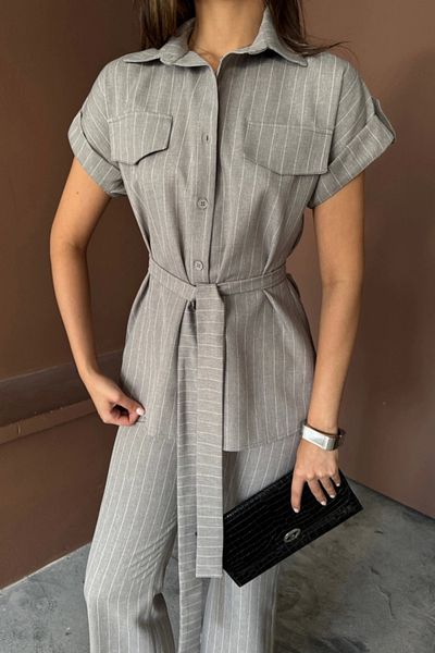 Silerra Striped Polyviscos Blazer - Pants Suit - Gray