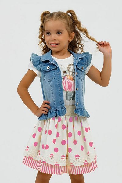 XORVİO Girl's Pink 4-Piece Set Crew Neck Combed Cotton Bag Vest Skirt Dress Set