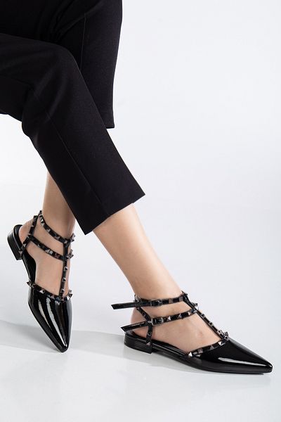 MS SUGAR SHOES Women's Patent Leather Stone Detailed Flat Sole Ballerina Shoes