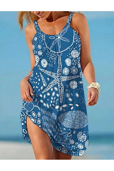 Kokosh moda Дамска рокля от единичен джърси с презрамки и шарка на морска звезда