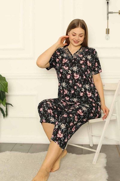 ALİMER Ανοιξιάτικο Κλαδί Μαύρο Σετ Πιτζάμες Oversize Bermuda 2708bb