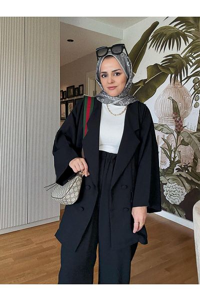 ASEL FASHİON Black Buttoned Summer Crepe Double Suit – Wide Legs & Jacket