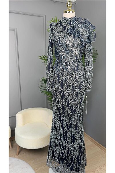 Genel Markalar Hennin Önü Çiçek Detaylı Abiye Elbise-5018