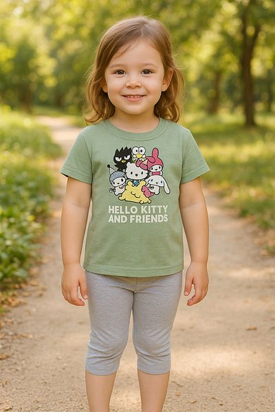 TRENDİMİZBİR Girl's Cute Characters Printed Green Short Sleeve T-Shirt Gray Leggings Bottom Top Set