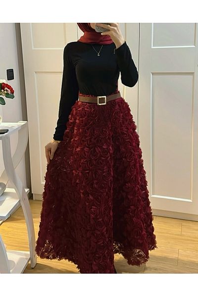MissPul Burgundy Women's Rose Long Skirt