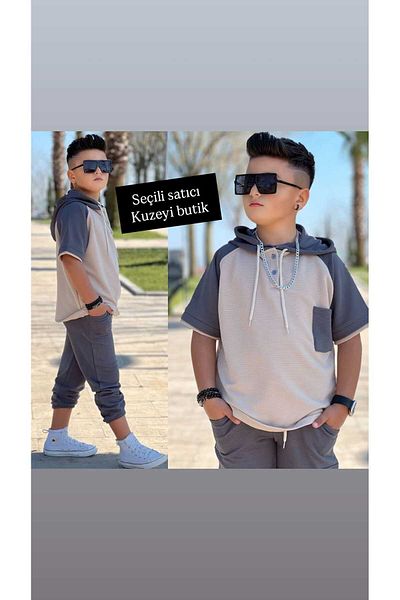 Kuzeyi Butik Boy Cargo Pocket Hooded Bottom Top Tracksuit Set Sport