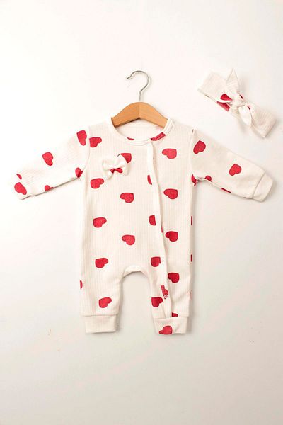 Çocuksan Baby&Kids Wear Baby Girls Romper Set - Heart Pattern, Cotton, Button and Bow Detail + Headband