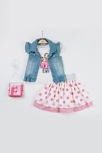 XORVİO Girl's Pink 4-Piece Set Crew Neck Combed Cotton Bag Vest Skirt Dress Set