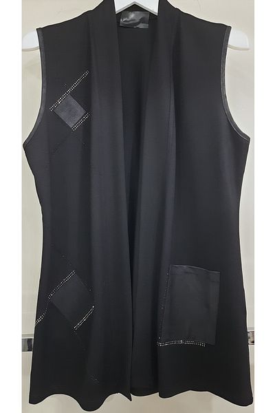 N.Y.YILDIZ STAR Leather Jewelled Steel Cotton Plus Size Mother Vest - Shawl Collar, No Button, Short Length