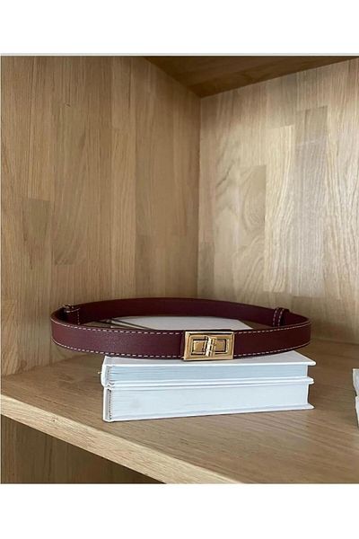 Tina Burgundy Stitched Gold Buckle Belt - 2.5cm