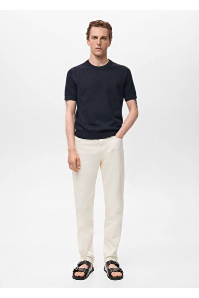 MANGO Man Çizgili ajur örgü pamuklu tişört