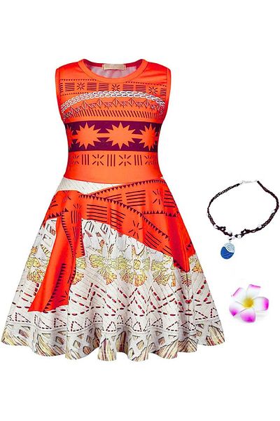 EvrikaUnity Costum Moana pentru copii, Set cu colier si agrafa floare, EvrikaUnity®, 5-6 ani, 130 cm, Portocaliu