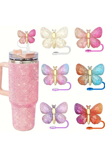 arredamento Termos Uyumlu Reçine Parıltılı Gradyan Kelebek Pipet Kapağı Plastik 1 Adet