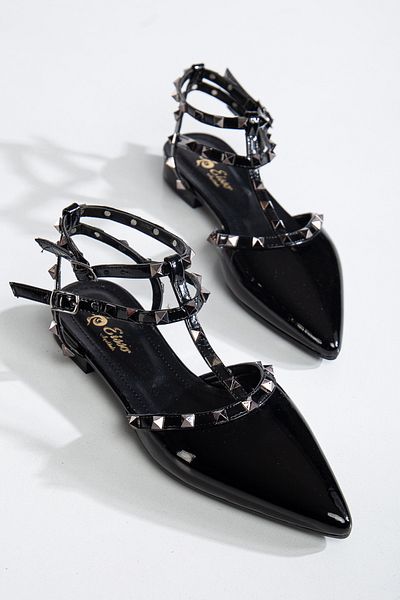 MS SUGAR SHOES Women's Patent Leather Stone Detailed Flat Sole Ballerina Shoes
