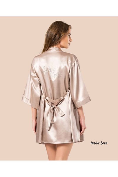 İntive Lingerie Intive Stoned Love Girls Written Beige Μονόχρωμο Σατέν Μίνι Νυχτικό Σετ Πανωφόρι
