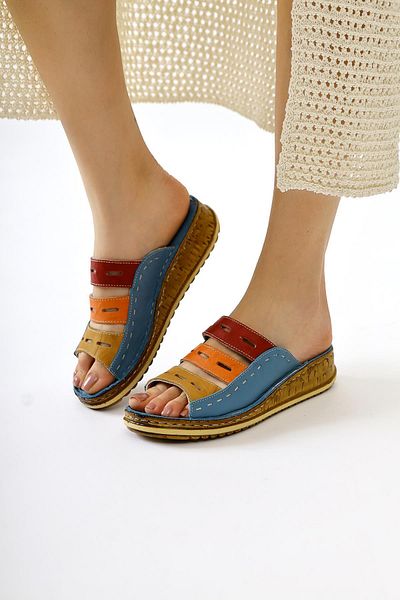 Jilberto Genuine Leather Joelle Blue Comfort Laser Cut Women's Slippers