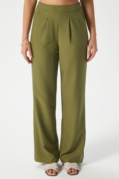 Ritnice Women's Cupra Cool Texture Waist Elastic Khaki Palazzo Pants