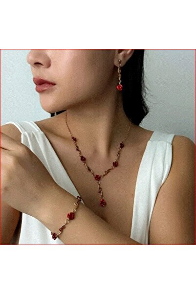 modares Rose Gold Plated Crystal Stone Necklace Earrings Bracelet Set Gift Set Gift for Lover Rose Flower Roses