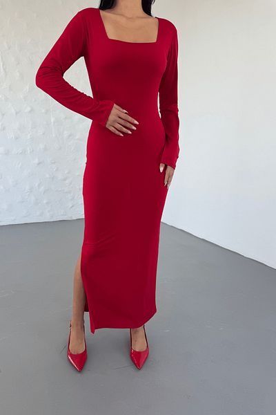 giyimmasalı Jersey Fabric Square Neck Pencil Dress - Red
