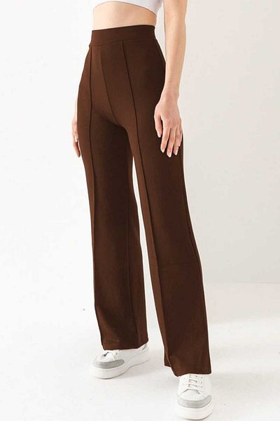 Warasiva Women's Brown Front Ribbed Wide Fit Wide Leg Modal Fabric High Waist Recovery Pants Leggings