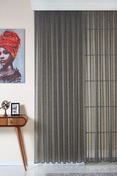 Elen's Haki Keten Ütü Istemeyen Kalın Tül Perde 1/2,5 Pileli Natural Tül Perde Lima