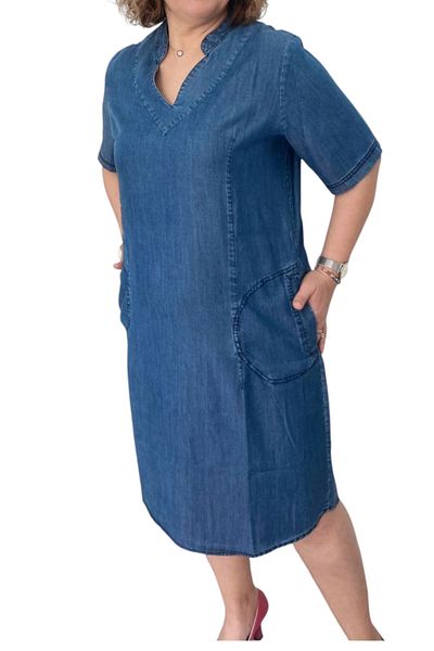 AKŞEN GİYİM Plus Size Thin Jeans Denim Fabric V-neck Short Sleeve Two Pockets Dress