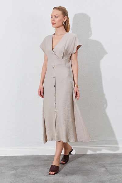 EDITION WOMAN Double Breasted Collar Skirt Buttoned Modal Dress - Stone |   28-1871