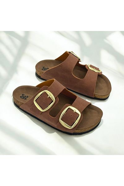 ELAIA SHOES LUNA Γυναικείες Παντόφλες Άνετες Ανατομικές Καθημερινές με Διπλή Πόρπη Καφέ