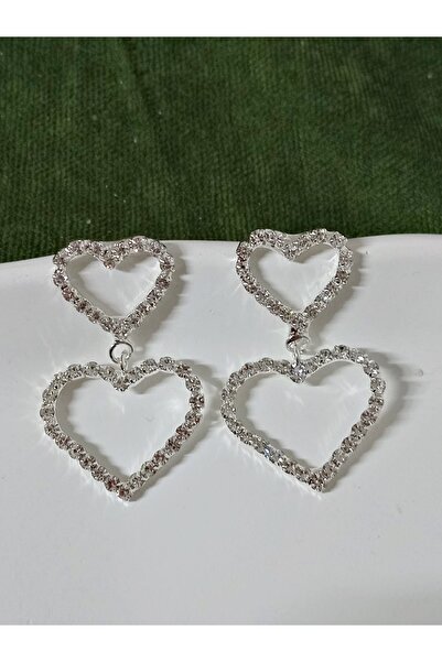 mos&more Taşlı Çift Kalp Şık Kadın Küpe