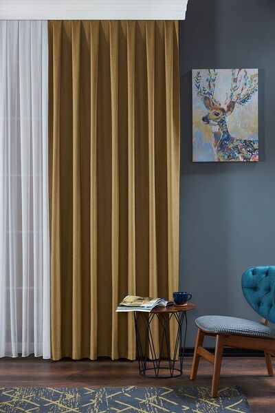 Elen's Hardal Koyu Modern Yumuşak Dökümlü Kumlama Desenli Düz Jakar Fon Perde Büzdürmeli Erguvan