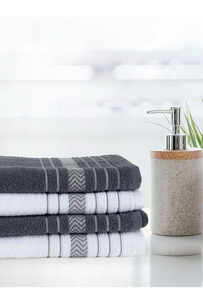 GIFT MALL Lines 100% Organic Cotton Extra Water Absorbent Set of 4 50X90 cm Hand & Face Towels