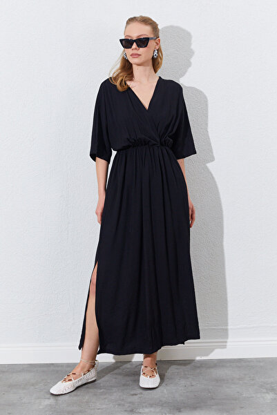 Manche فستان طويل بياقة مزدوجة ومرن - أسود |   Mks284908-01