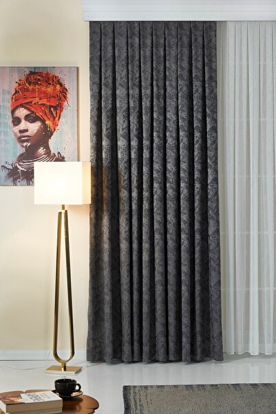 Elen's Koyu Gri Modern Yumuşak Dökümlü Jakar Fon Perde Ekstraforlu Büzdürmeli Defne