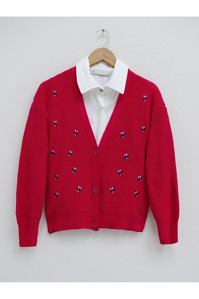 HİJABAYA Embroidered Three Button Waist Length Cardigan